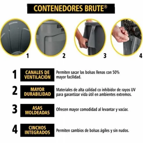 Tapa Embudo del Basurero Brute de 32 Galones de Color Gris RUBBERMAID FG354300GRAY