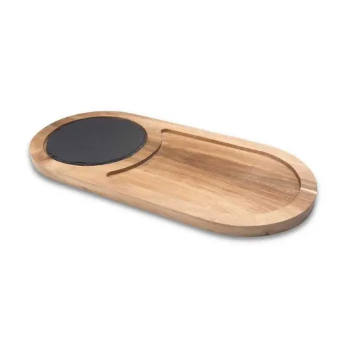 Plato de Piedra Ovalado de 40.5 x 19 Centimetros de Color Negro y Base de Madera TIPS RSD01-48