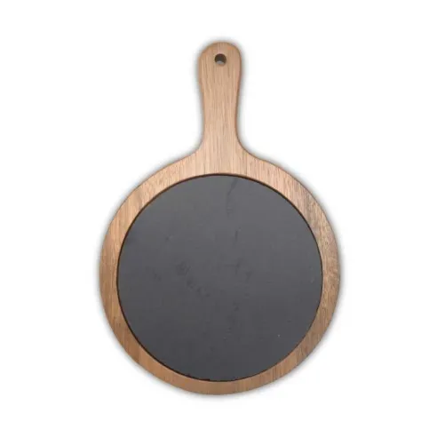 Plato Redondo de Piedra Pizarra de 20 x 30 Centimetros Color Negro con Base de Madera TIPS RSD01-50