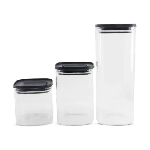 Frascos Transparente de Vidrio con Tapa Color Negro Plastica, Set de 3 Unidades TIPS OLL-009